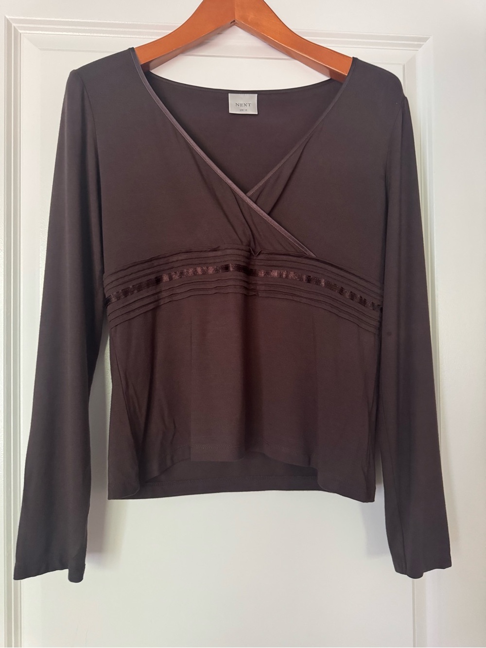 next Brown Long-Sleeve V-Neck Women's Top with Trim Detail
